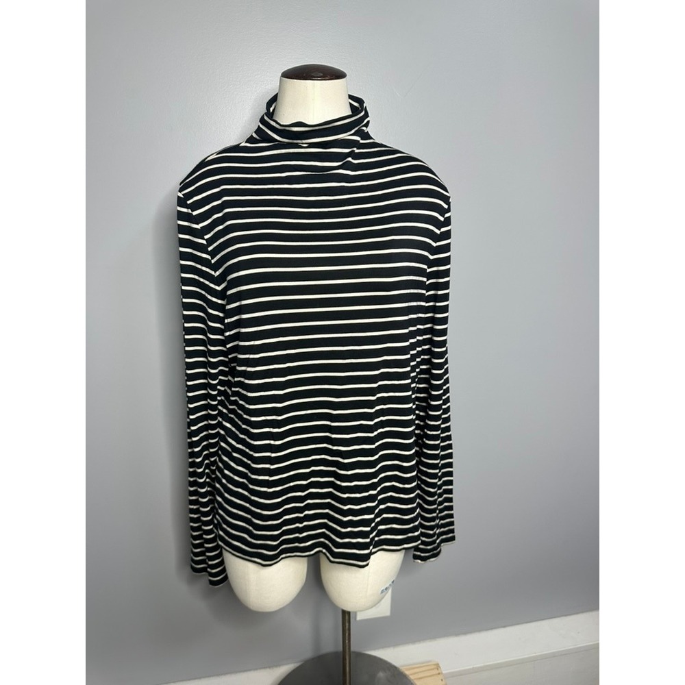 Tahari Women XL Black White Striped Long Sleeve Turtleneck Top Stretch Mock Neck